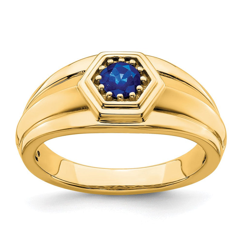Massiv 14K Gelbgold Synthetisch Saphir Herren Ring
