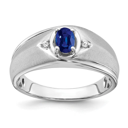 14K Weißgold Herrenring mit ovalem Saphir und echten Diamanten