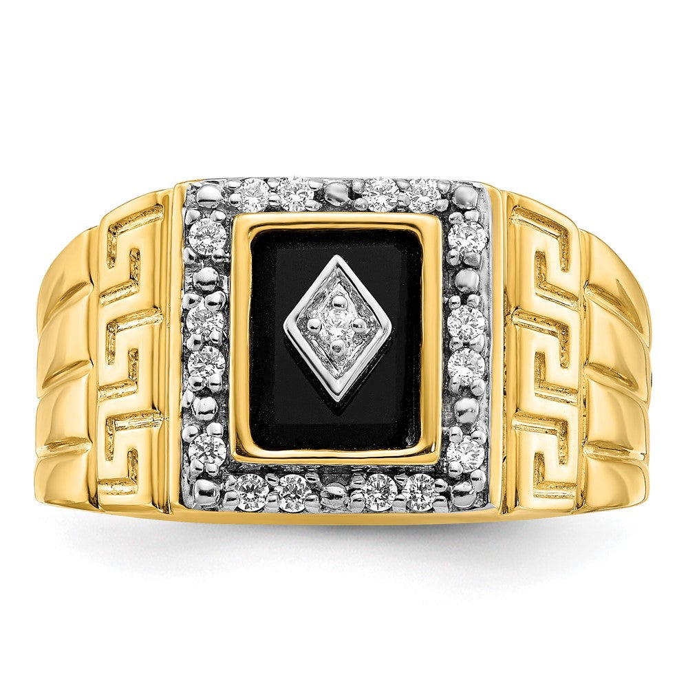 14K Gelbgold Herrenring mit Onyx, echten Diamanten und griechischem Mäanderdesign