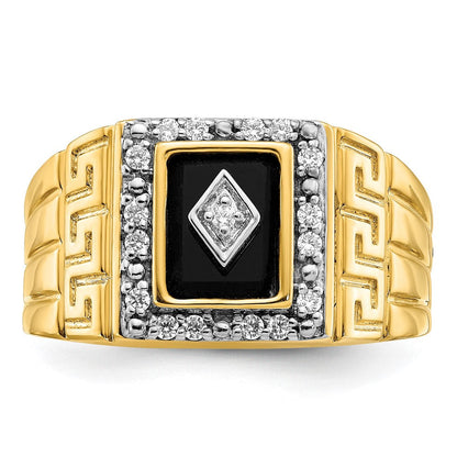 14K Gelbgold Herrenring mit griechischem Mäanderdesign, 0,2 ct. Labor-gezüchteten Diamanten VS/SI+ G+ und Onyx