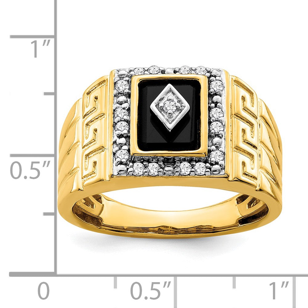 14K Gelbgold Herrenring mit Onyx, echten Diamanten und griechischem Mäanderdesign