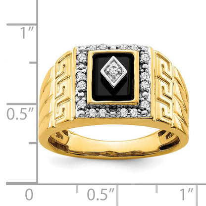 14K Gelbgold Herrenring mit Onyx, echten Diamanten und griechischem Mäanderdesign