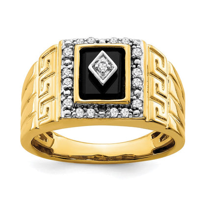 14K Gelbgold Herrenring mit Onyx, echten Diamanten und griechischem Mäanderdesign