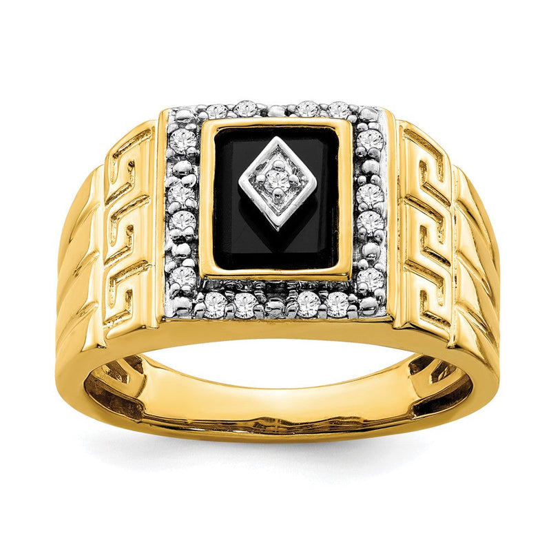 14K Gelbgold Herrenring mit griechischem Mäanderdesign, 0,2 ct. Labor-gezüchteten Diamanten VS/SI+ G+ und Onyx