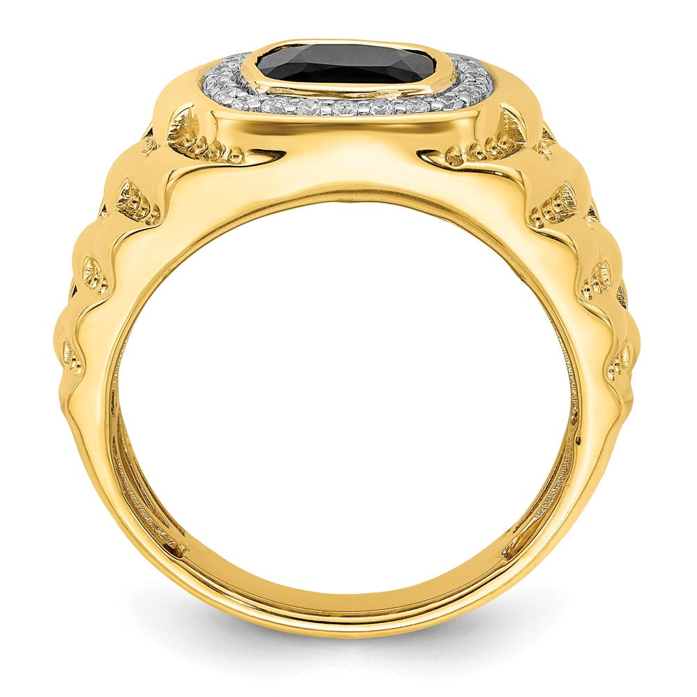 14K Gelbgold Herrenring mit Onyx, echten Diamanten und strukturierter Oberfläche