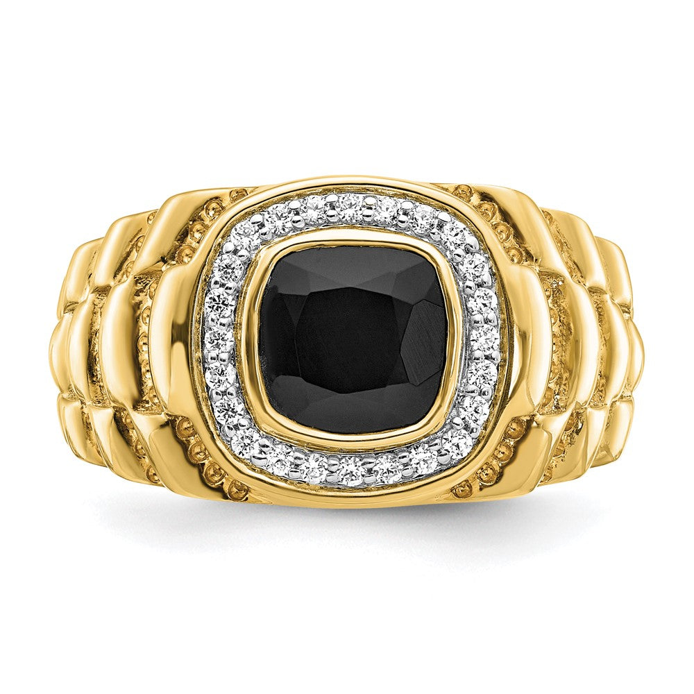14K Gelbgold Herrenring mit Onyx, echten Diamanten und strukturierter Oberfläche