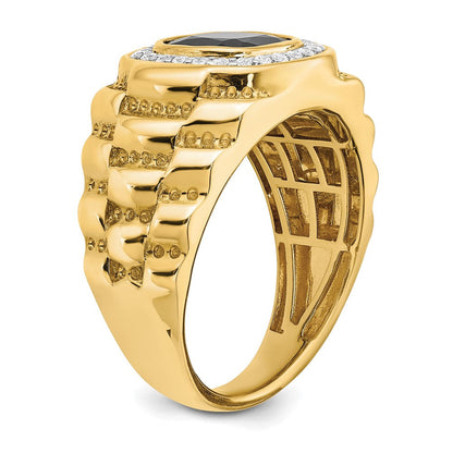 14K Gelbgold Herrenring mit 0,25 ct. laborgezüchtetem Diamant VS/SI+ G+ und Onyx, strukturiert