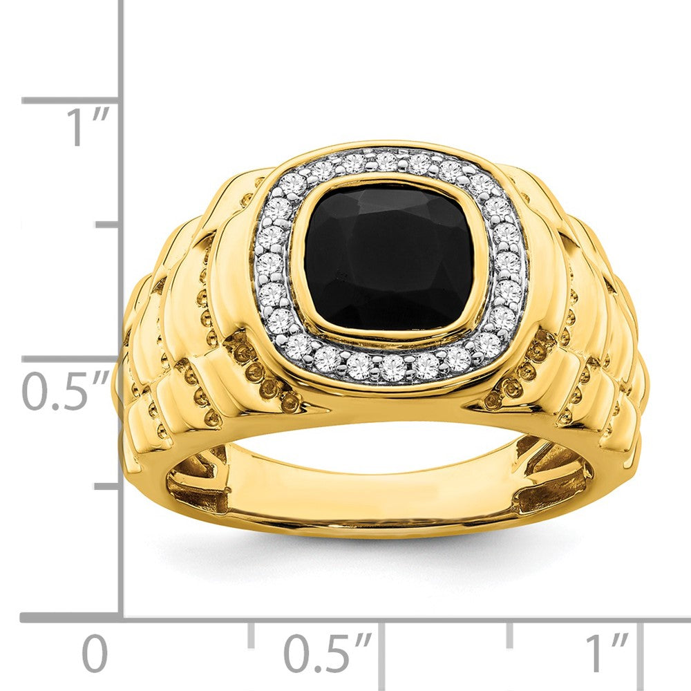 14K Gelbgold Herrenring mit Onyx, echten Diamanten und strukturierter Oberfläche