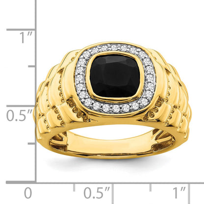 14K Gelbgold Herrenring mit Onyx, echten Diamanten und strukturierter Oberfläche