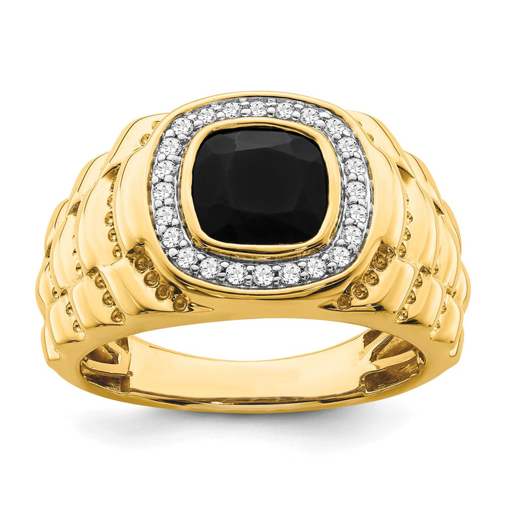 14K Gelbgold Herrenring mit 0,25 ct. laborgezüchtetem Diamant VS/SI+ G+ und Onyx, strukturiert