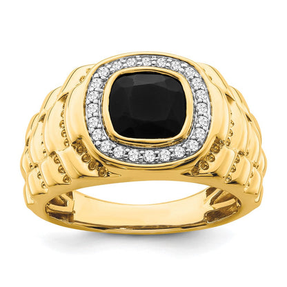 14K Gelbgold Herrenring mit 0,25 ct. laborgezüchtetem Diamant VS/SI+ G+ und Onyx, strukturiert
