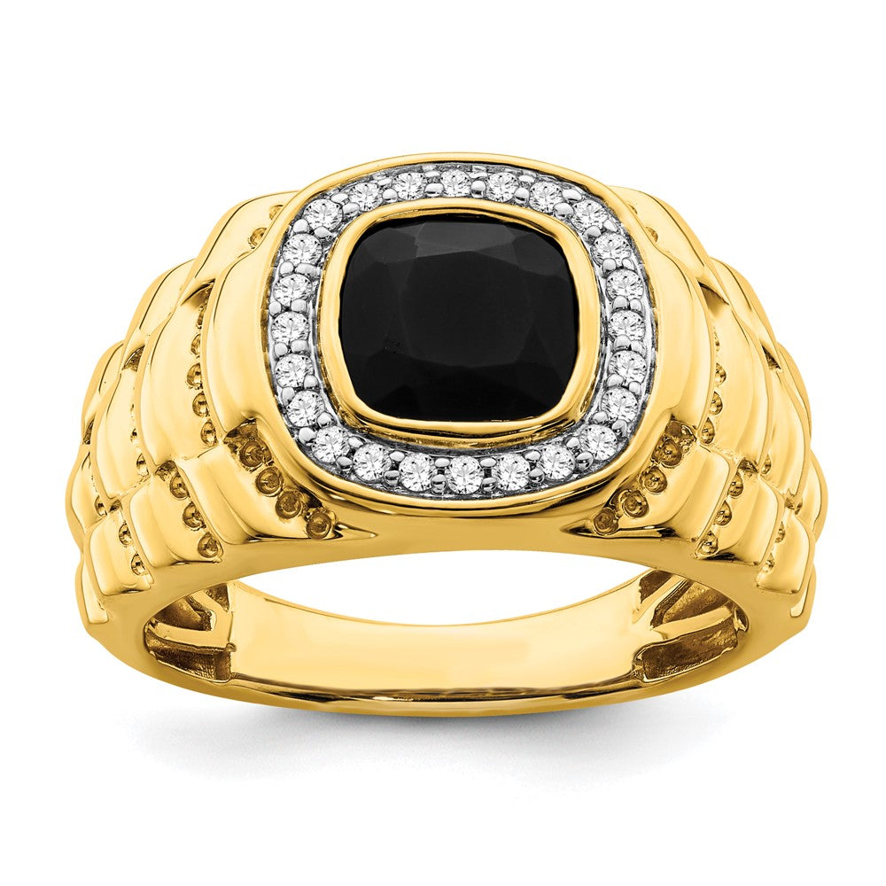 14K Gelbgold Herrenring mit Onyx, echten Diamanten und strukturierter Oberfläche