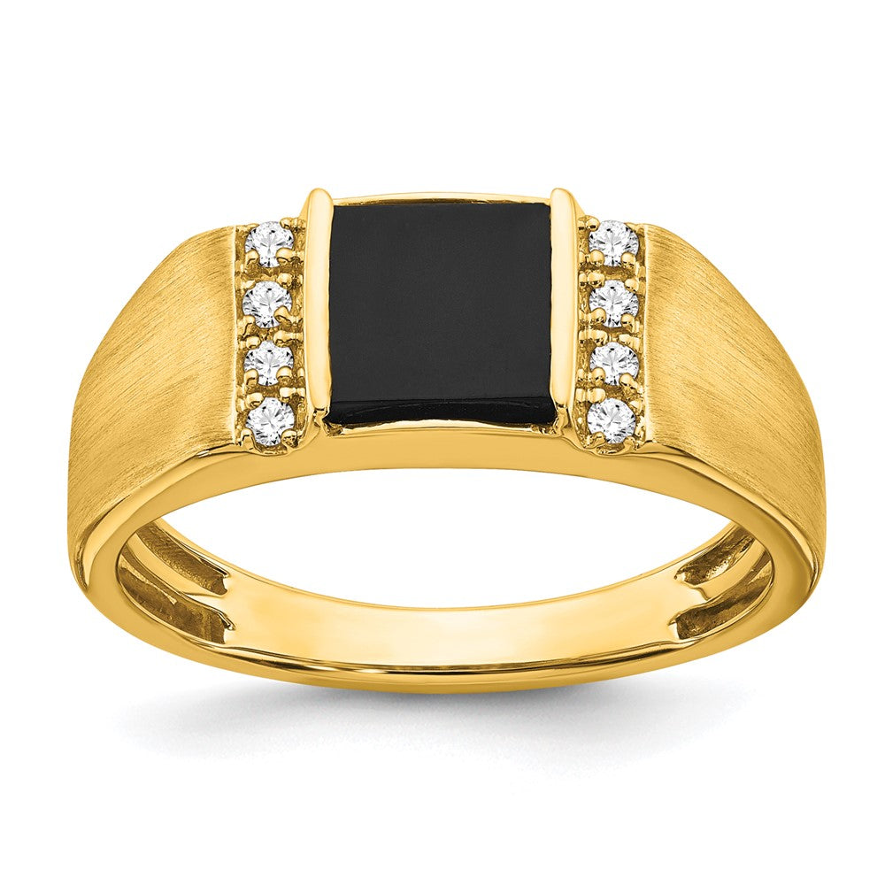 14K Gelbgold Ring mit quadratischem Onyx und echten Diamanten für Herren