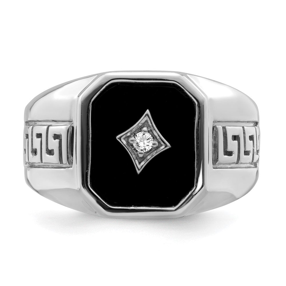 14K Weißgold Herrenring mit Onyx, echten Diamanten und griechischem Mäanderdesign