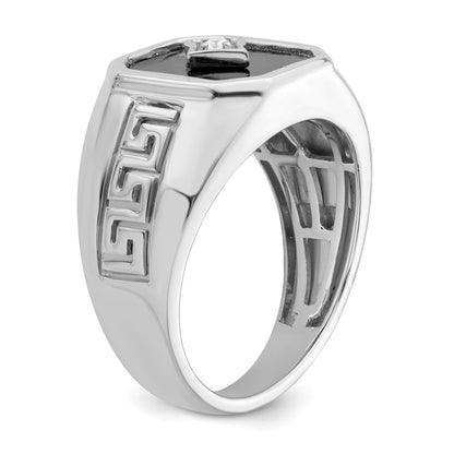 14K Weißgold Herrenring mit Onyx, echten Diamanten und griechischem Mäanderdesign