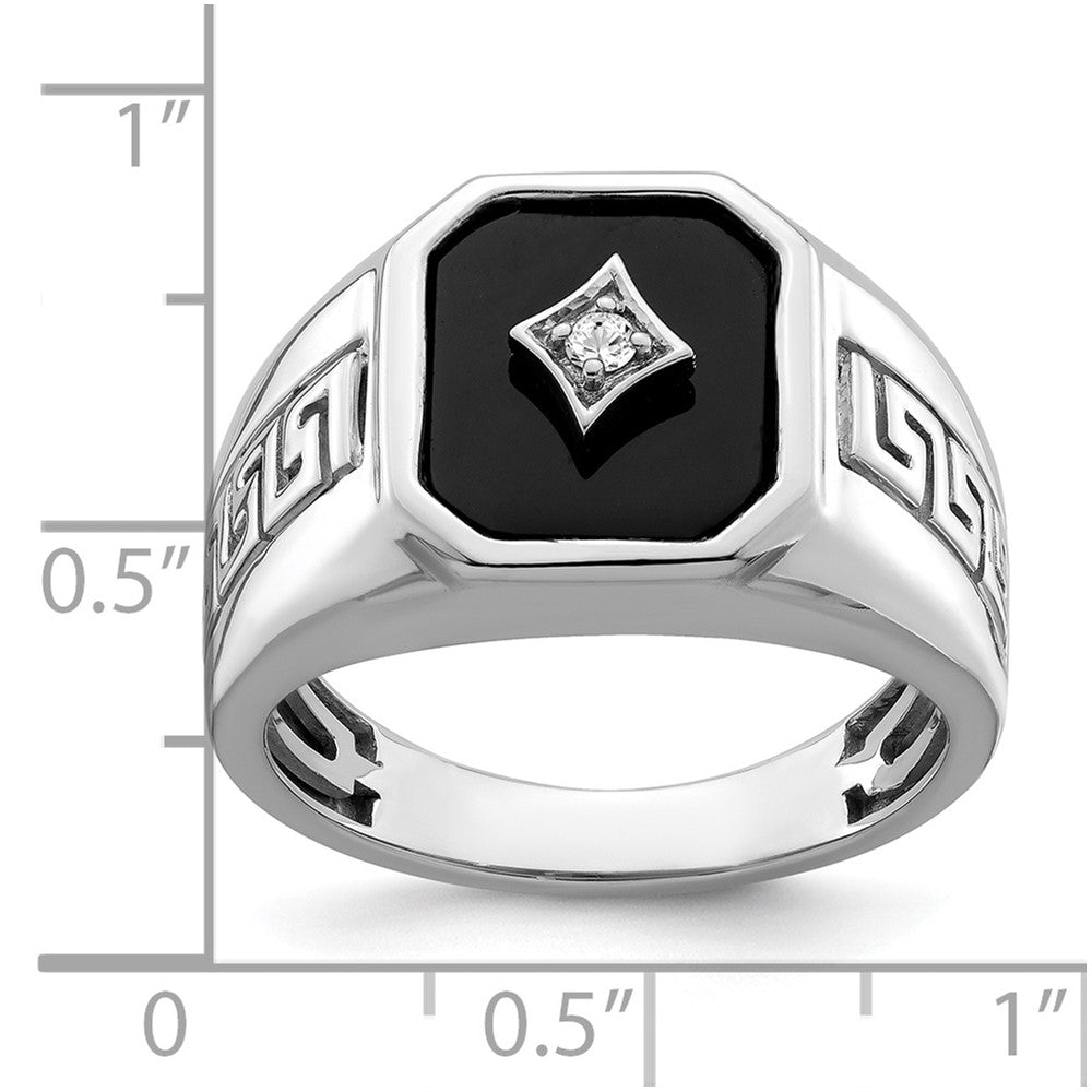 14K Weißgold Herrenring mit Onyx, echten Diamanten und griechischem Mäanderdesign