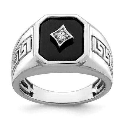 14K Weißgold Herrenring mit Onyx, echten Diamanten und griechischem Mäanderdesign