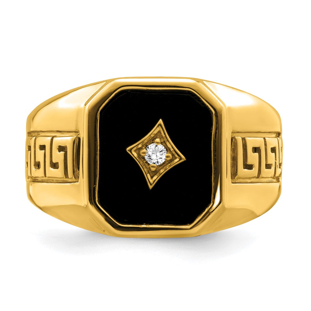 14K Gelbgold Herrenring mit Onyx, echten Diamanten und griechischem Mäanderdesign