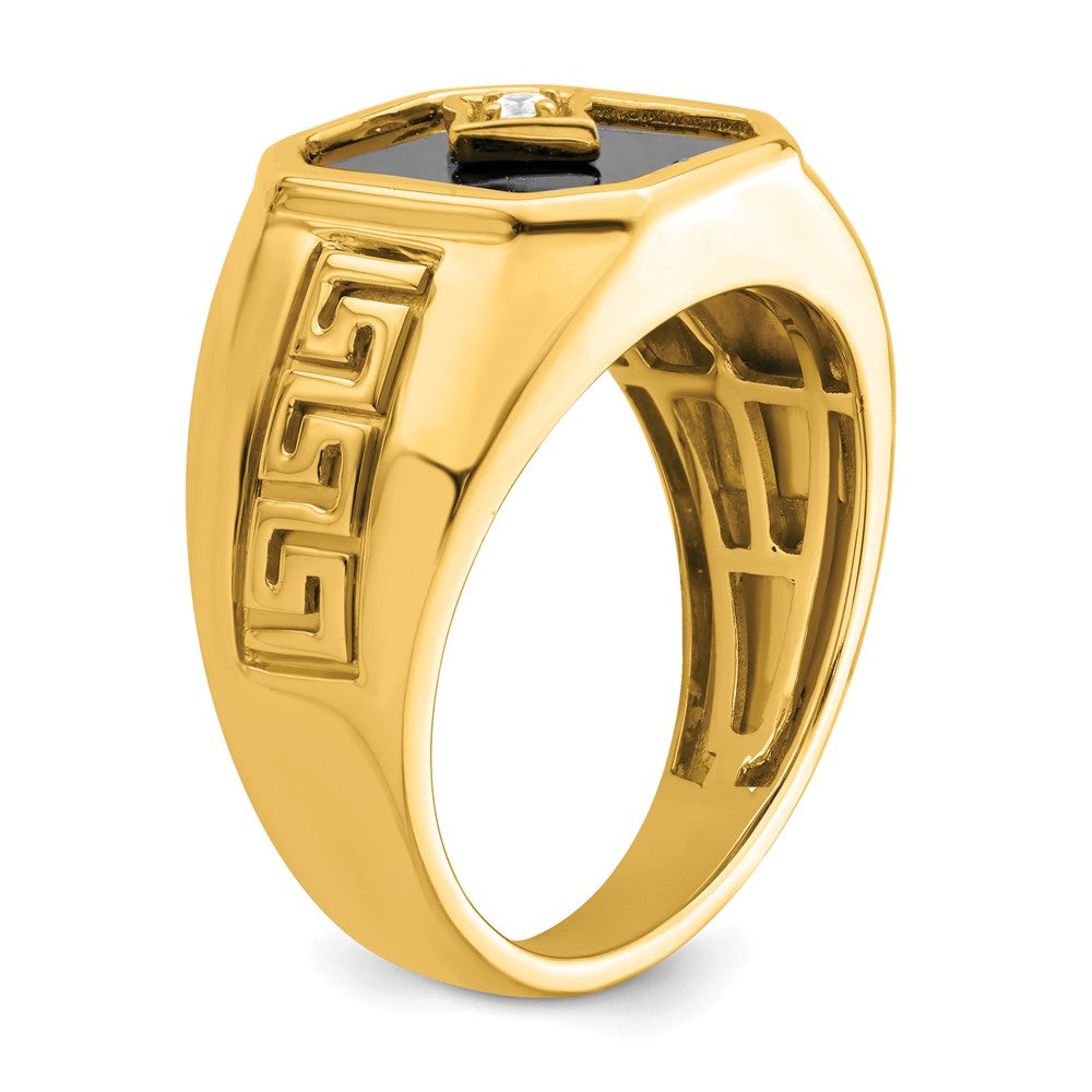 14K Gelbgold Herrenring mit Onyx, echten Diamanten und griechischem Mäanderdesign