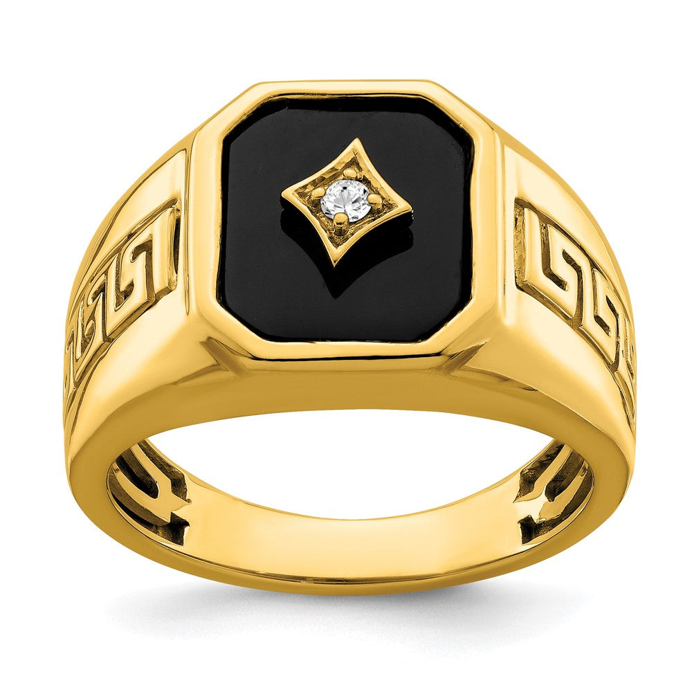 14K Gelbgold Herrenring mit Onyx, echten Diamanten und griechischem Mäanderdesign