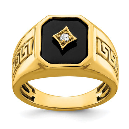 14K Gelbgold Herrenring mit Onyx, echten Diamanten und griechischem Mäanderdesign