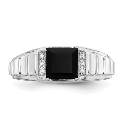 14K Weißgold Herrenring mit quadratischem Onyx und echten Diamanten