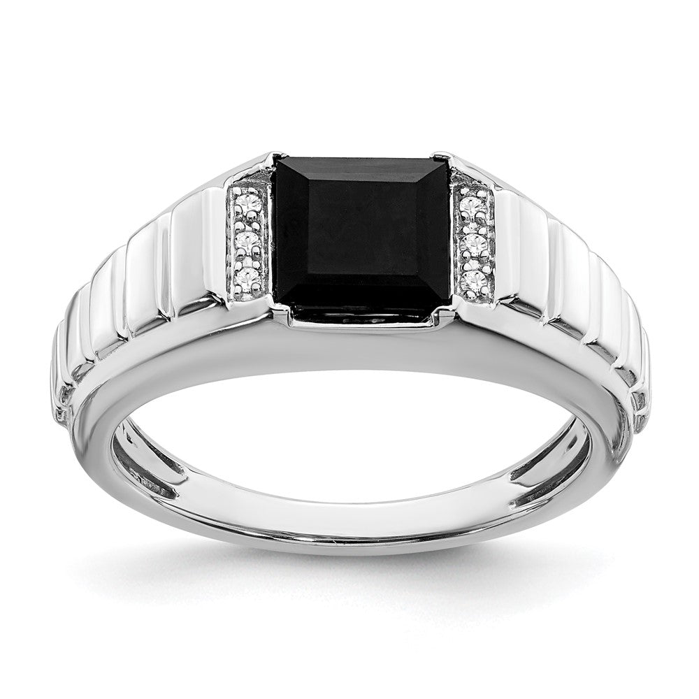 14K Weißgold Herrenring mit quadratischem Onyx und echten Diamanten