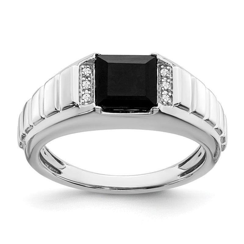 14K Weißgold Herrenring mit quadratischem Onyx und echten Diamanten