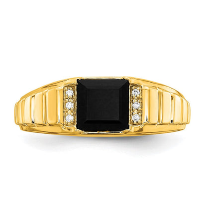 14K Gelbgold Herrenring mit quadratischem Onyx und echten Diamanten