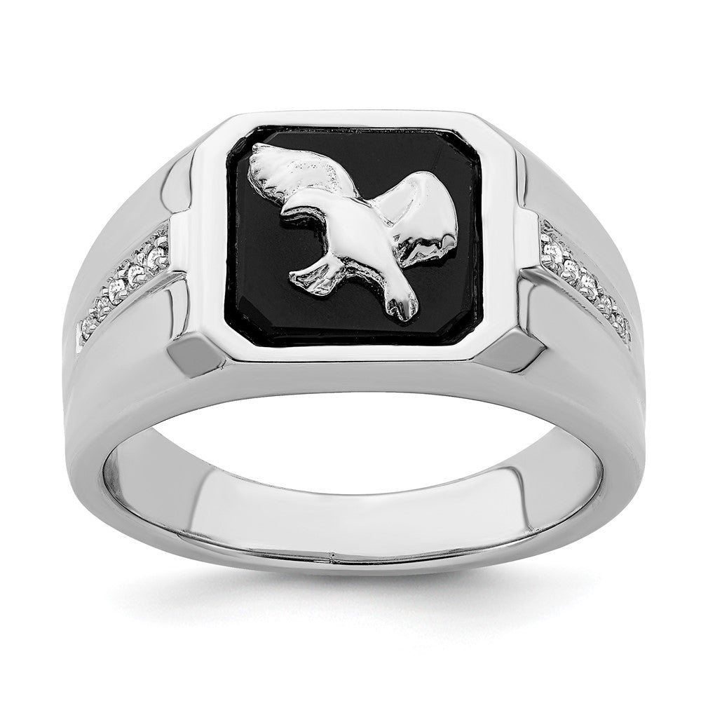 14K Weißgold Herrenring mit Onyx und echten Diamanten in Adler-Design