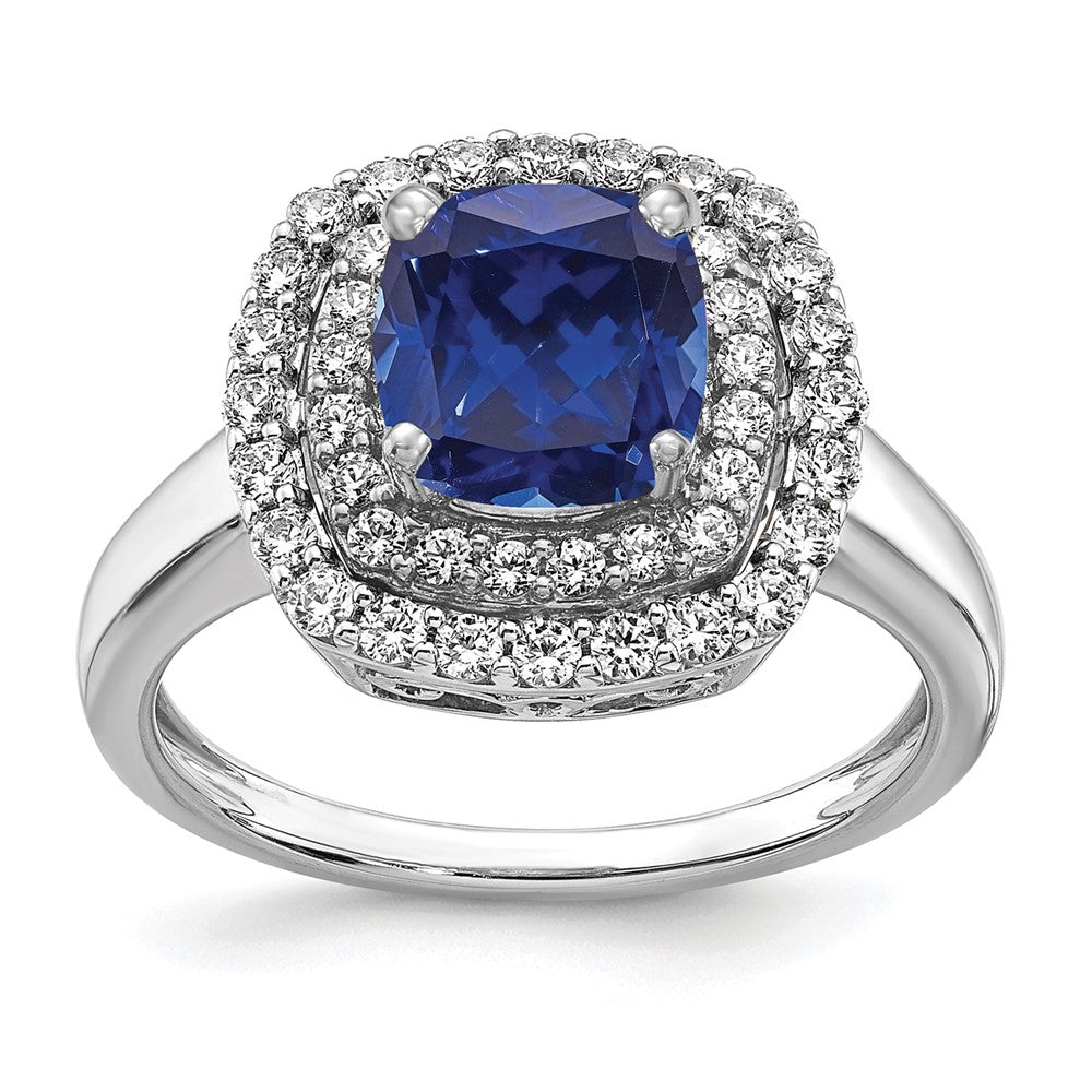 14K Weißgold Ring mit 0,5 ct. im Labor gezüchteten Diamanten VS/SI+ G+ und im Labor gezüchteten blauen Saphiren
