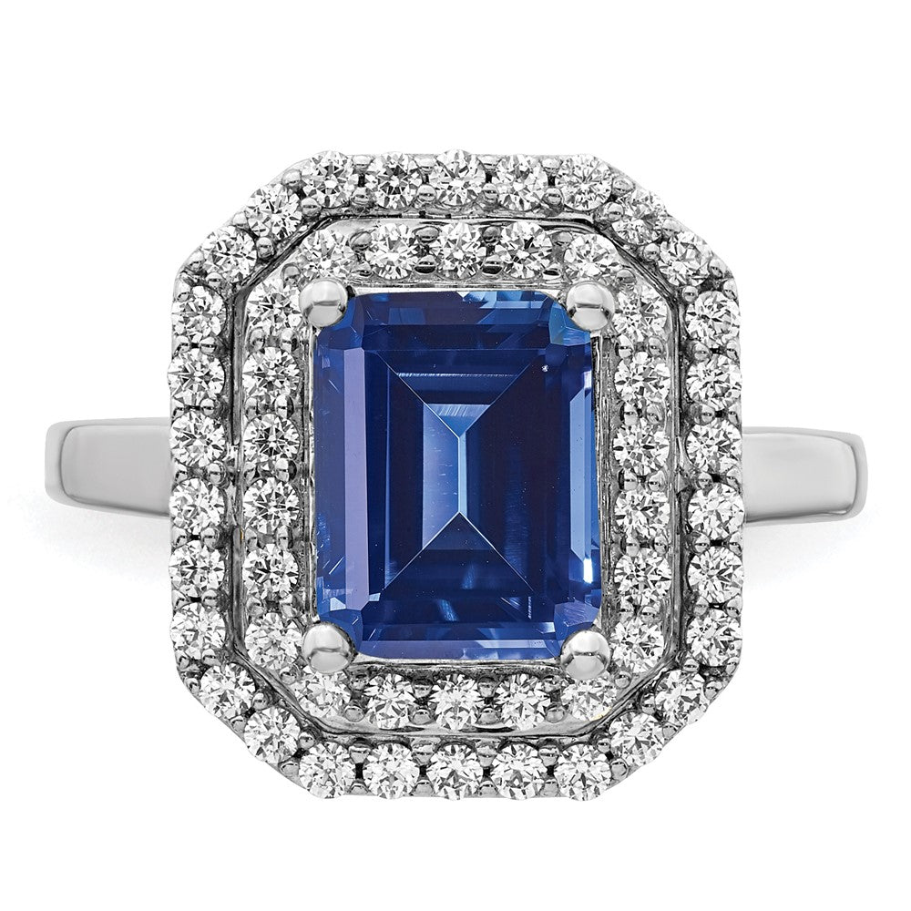 14K Weißgold Fashion-Ring mit 0,625 ct. im Labor gezüchteten Diamanten VS/SI+ G+ und im Labor gezüchteten blauen Saphiren