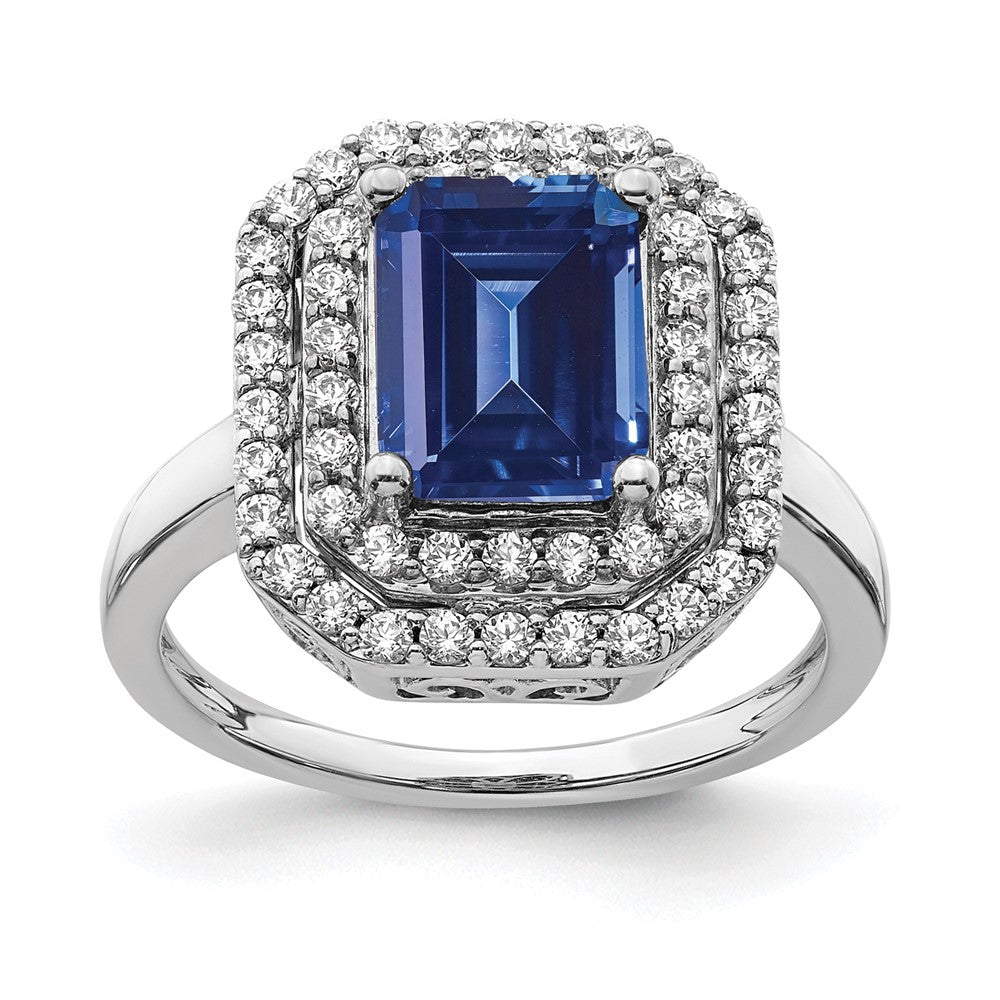 14K Weißgold Fashion-Ring mit 0,625 ct. im Labor gezüchteten Diamanten VS/SI+ G+ und im Labor gezüchteten blauen Saphiren