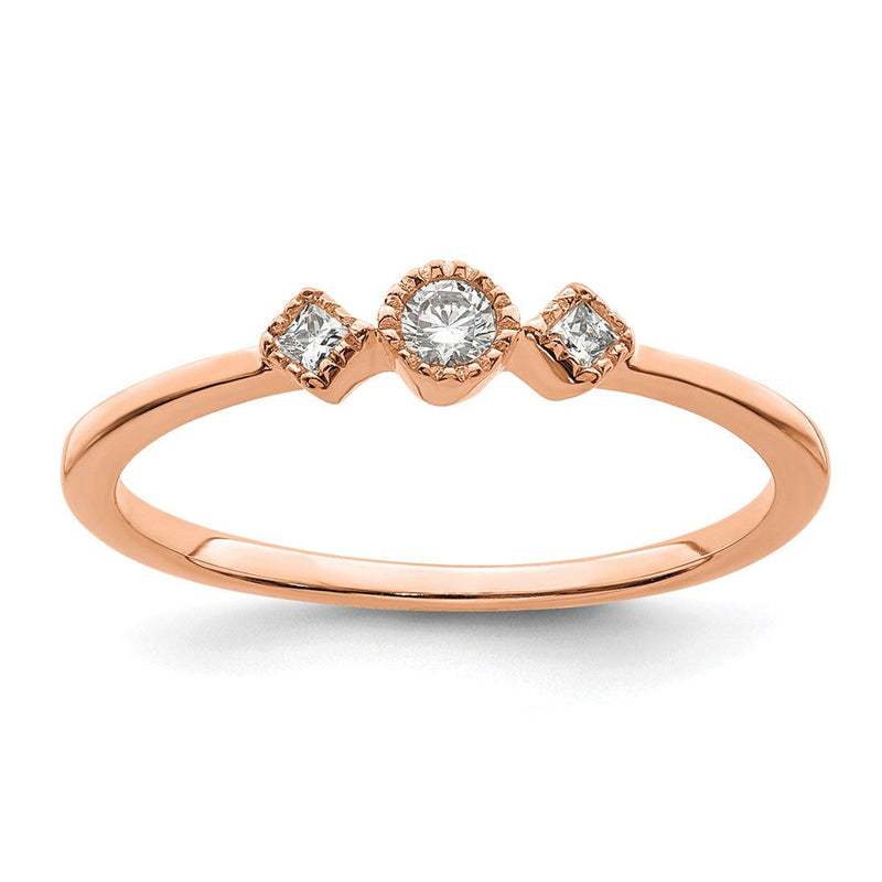 14K Roségold Gekugelt Kante Petite 3 Stein 1/10 Karat Rund/princess Diamant Komplett Versprechen/ Verlobungsring
