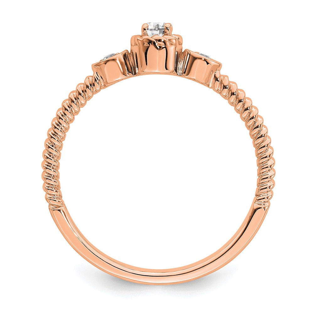 14K Roségold Roped Ring Petite 3 Stein 1/15 Karat Rund Diamant Komplett Versprechen/ Verlobungsring