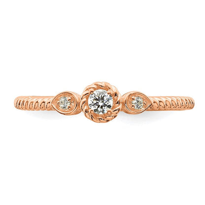 14K Roségold Roped Ring Petite 3 Stein 1/15 Karat Rund Diamant Komplett Versprechen/ Verlobungsring