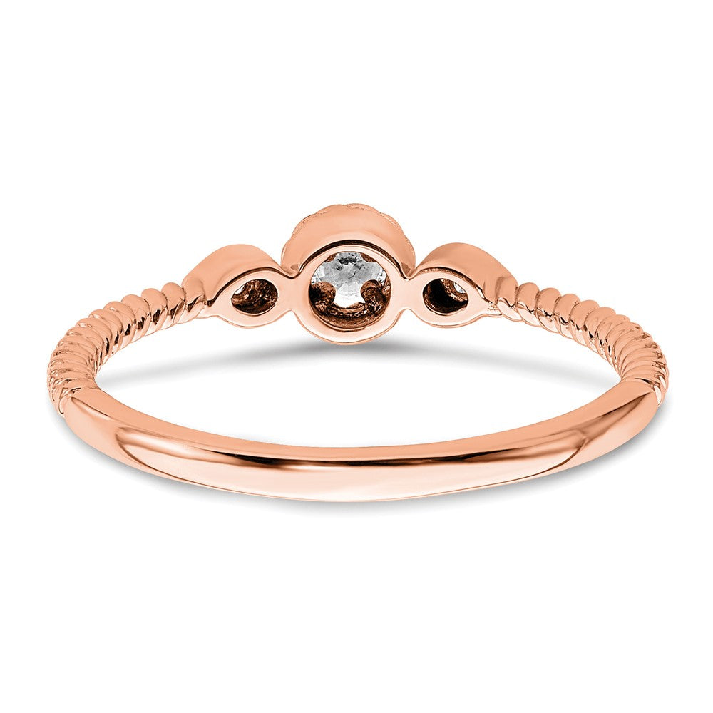 14K Roségold Roped Ring Petite 3 Stein 1/15 Karat Rund Diamant Komplett Versprechen/ Verlobungsring