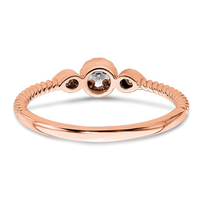 14K Roségold Roped Ring Petite 3 Stein 1/15 Karat Rund Diamant Komplett Versprechen/ Verlobungsring
