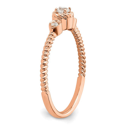 14K Roségold Roped Ring Petite 3 Stein 1/15 Karat Rund Diamant Komplett Versprechen/ Verlobungsring