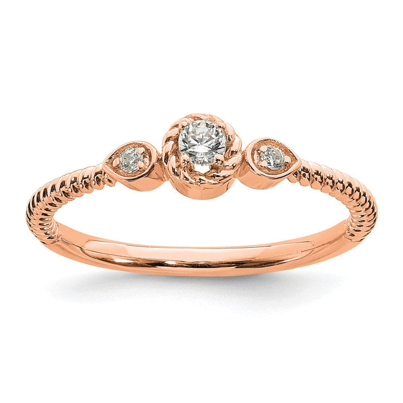 14K Roségold Roped Ring Petite 3 Stein 1/15 Karat Rund Diamant Komplett Versprechen/ Verlobungsring