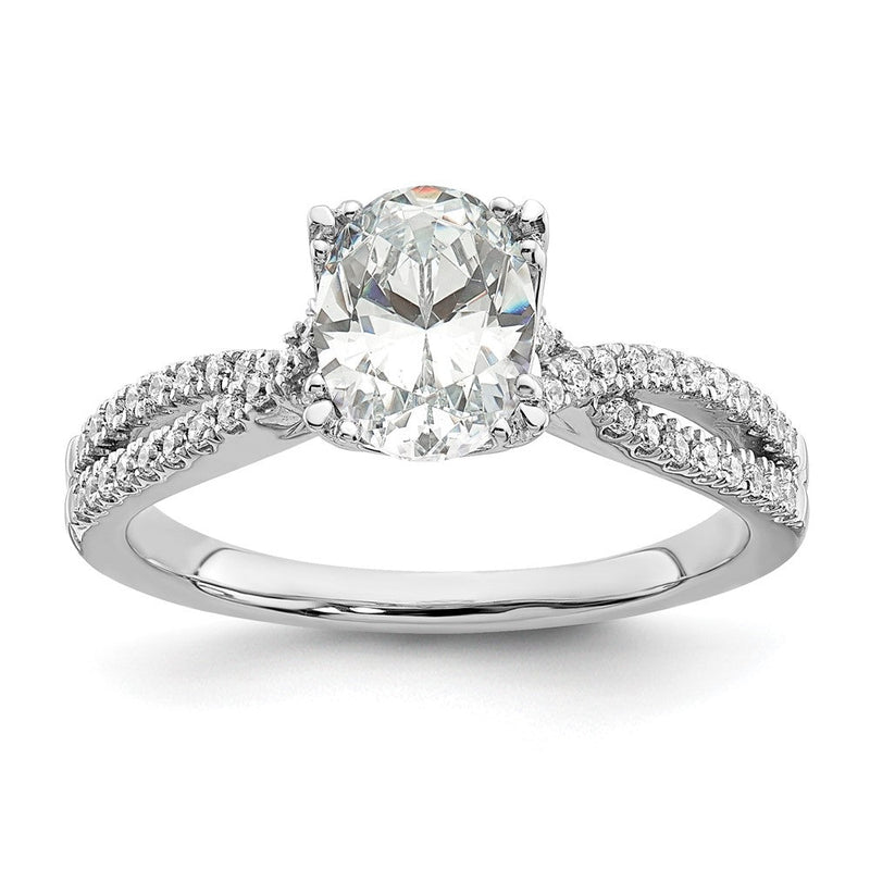 14K Weißgold Kreuz (holds 1 Karat (8.00x6.1mm) Oval Mittig) 1/5 Diamant Halbfassung Verlobungsring