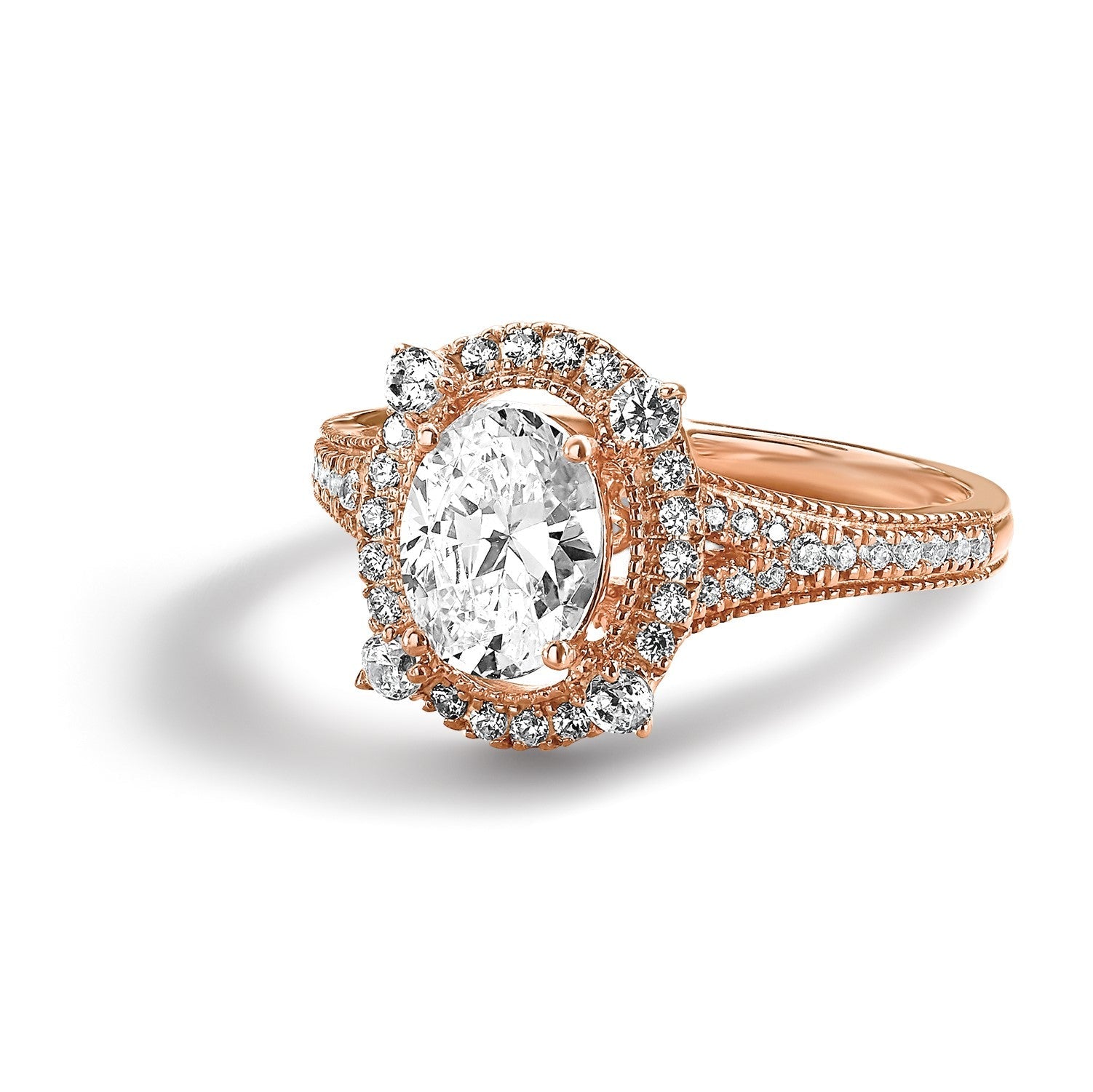 14K Roségold Verlobungsring mit 0,375 ct. im Labor gezüchteten Diamanten VS/SI+ G+, 1 ct. ovaler Diamant als Center-Semi-Mount