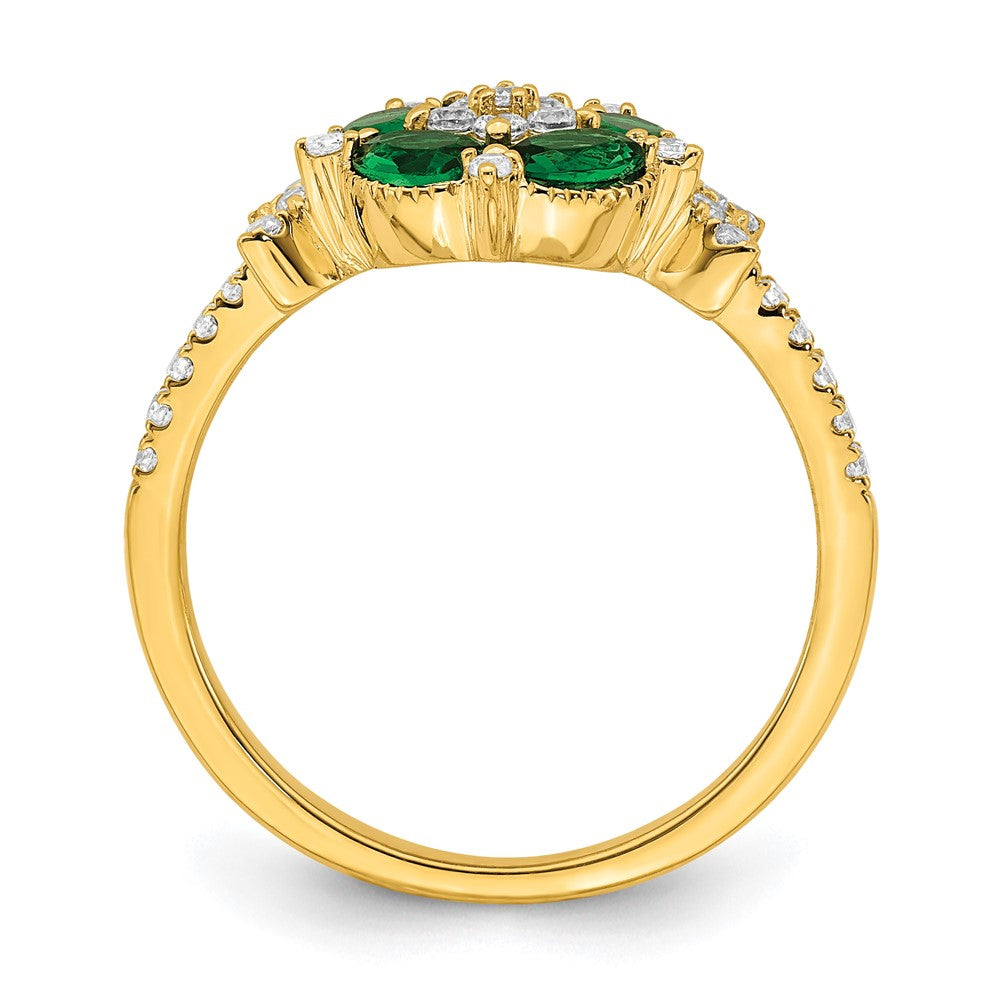 14K Gelbgold Ring mit Diamant aus dem Labor und Smaragd aus dem Labor, Blumen-Design