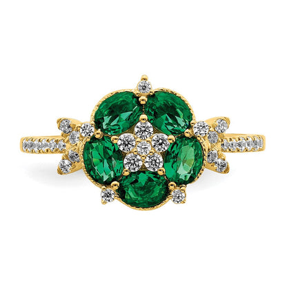 14K Gelbgold Ring mit Diamant aus dem Labor und Smaragd aus dem Labor, Blumen-Design