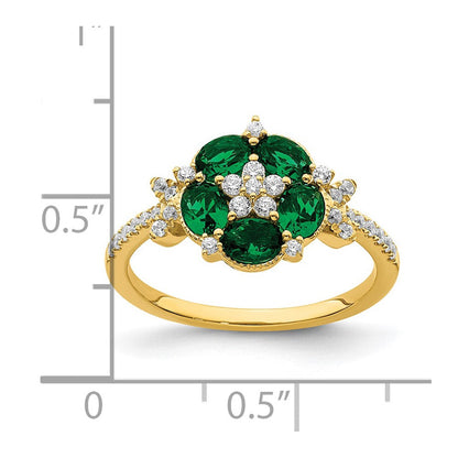 14K Gelbgold Ring mit Diamant aus dem Labor und Smaragd aus dem Labor, Blumen-Design