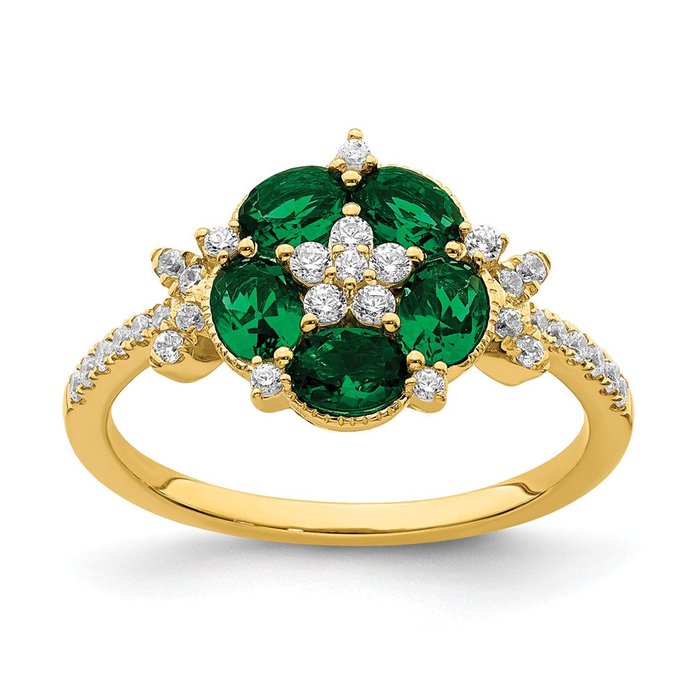 14K Gelbgold Ring mit Diamant aus dem Labor und Smaragd aus dem Labor, Blumen-Design