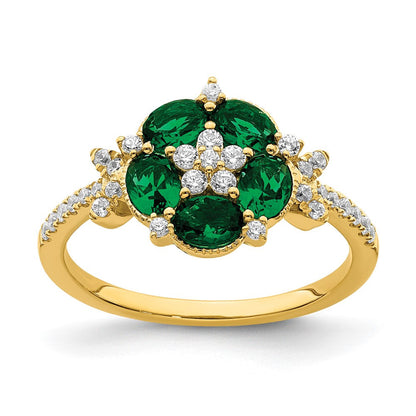14K Gelbgold Ring mit Diamant aus dem Labor und Smaragd aus dem Labor, Blumen-Design