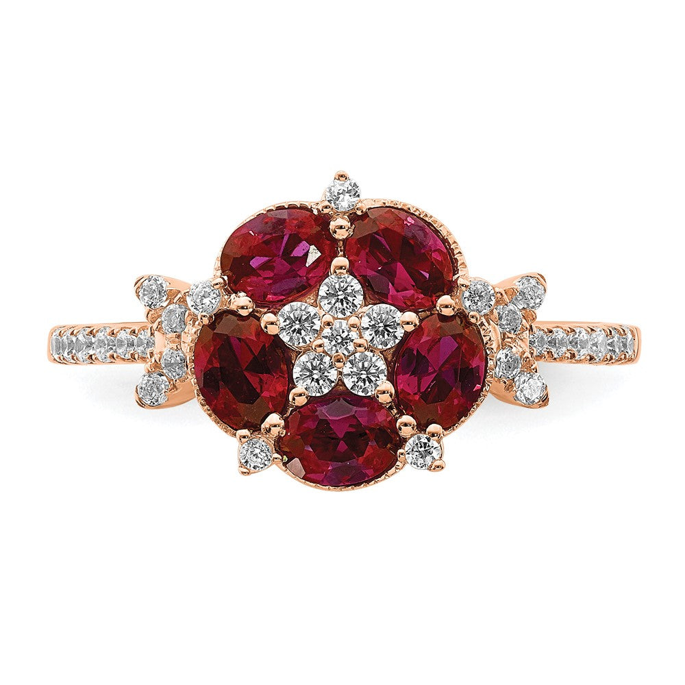 14K Roségold Laborgezüchteter Diamant VS/SI+ G+ Kreierter Rubin Blumen-Ring