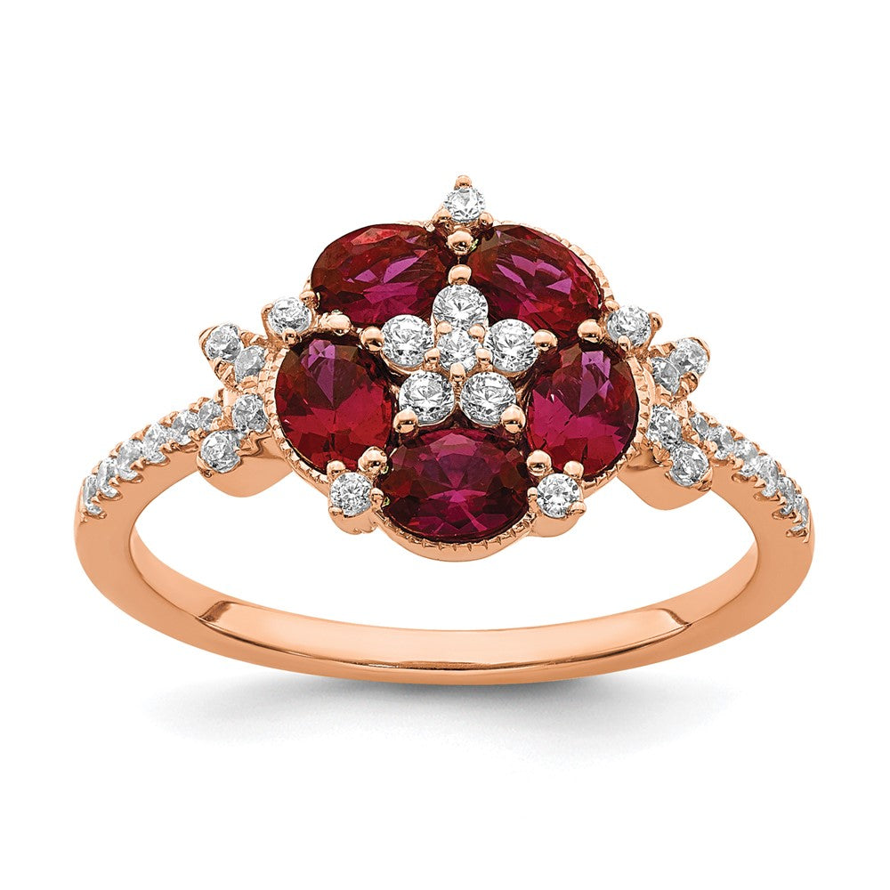 14K Roségold Laborgezüchteter Diamant VS/SI+ G+ Kreierter Rubin Blumen-Ring