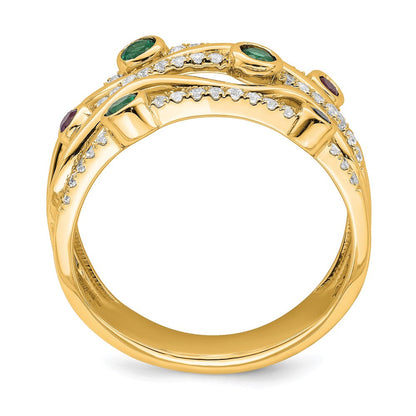 14K Gelbgold Ring mit im Labor gezüchteten Diamanten VS/SI+ G+, Rubin und Smaragd im Cabochon-Schliff, Wellen-Zargenfassung